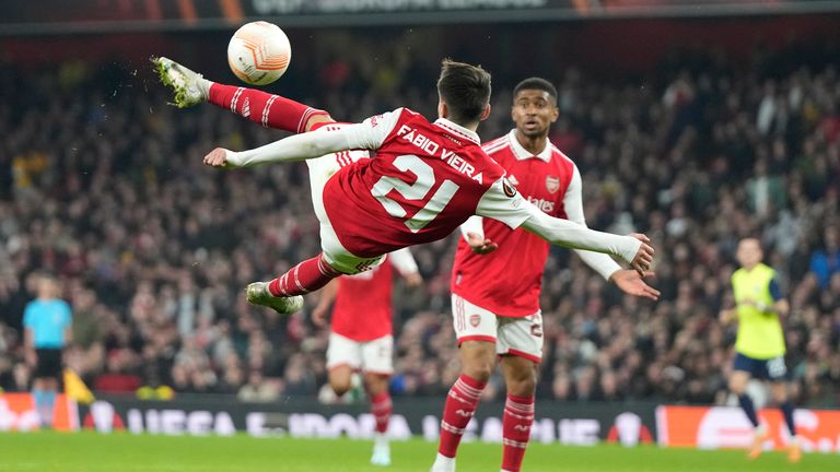 Arsenal&#39;s Fabio Vieira tries a shot at goal at the Emirates