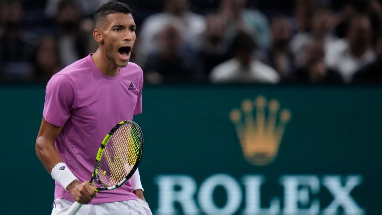 Felix Auger-Aliassime of Canada celebrates winning a point as he plays Frances Tiafoe of the U.S during their quarterfinal match of the Paris Masters tennis tournament at the Accor Arena, Friday, Nov. 4, 2022 in Paris. (AP Photo/Thibault Camus)