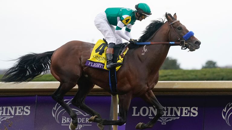 Flavien Prat rides Flightline to victory in the Breeders' Cup Classic at Keenelend 