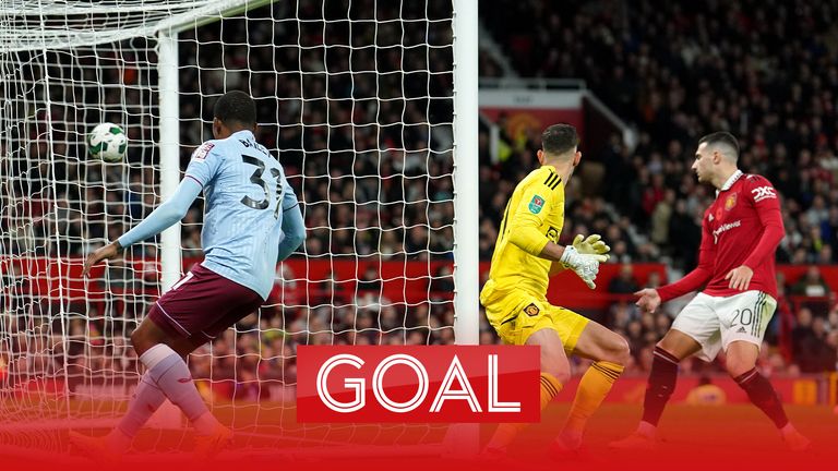 Diogo Dalot turns the ball into his own net to put Aston Villa 2-1 ahead in the Carabao Cup third round match against Manchester United. 
