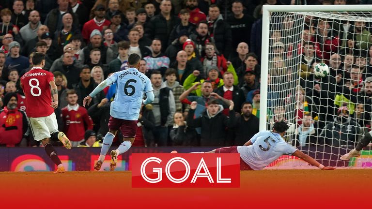 Aston Villa give the ball away allowing Bruno Fernandes to pounce, with his shot deflecting in off Tyrone Mings to make it 3-2 to Manchester United.