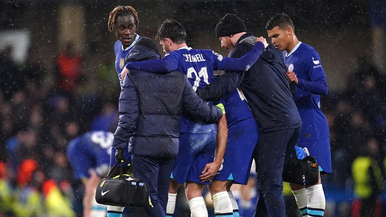 Chelsea defender Ben Chilwell is helped off the pitch after suffering a hamstring injury in Chelsea&#39;s Champions League win over Dinamo Zagreb.
