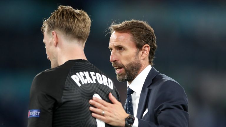 England manager Gareth Southgate with Jordan Pickford after the UEFA Euro 2020 Quarter Final match at the Stadio Olimpico, Rome. Picture date: Saturday July 3, 2021.
