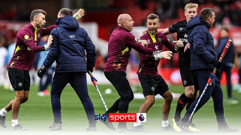 There appeared to be tension between the Brentford players and some of Nottingham Forest's ground staff ahead of kick-off at the City Ground.