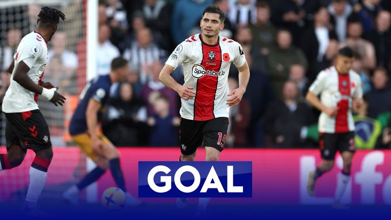 Romain Perraud scores a consolation goal for Southampton against Newcastle.