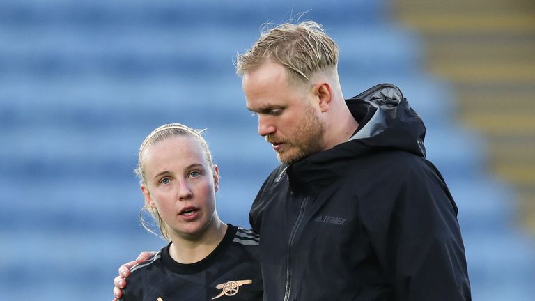 Arsenal manager Jonas Eidevall (right) with Arsenal&#39;s Beth Mead during the Barclays Women&#39;s Super League match at the King Power Stadium, Leicester. Picture date: Sunday November 6, 2022.