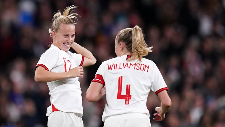 England&#39;s Beth Mead (centre) celebrates with Leah Williamson after scoring their side&#39;s first goal of the game during the FIFA Women&#39;s World Cup 2023 qualifying match at Wembley Stadium, London. Picture date: Saturday October 23, 2021.