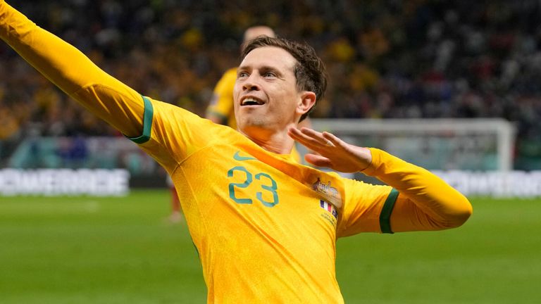 Craig Goodwin celebrates after opening the scoring for Australia against France