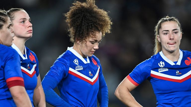 French players react following the women's rugby World Cup semifinal between New Zealand and France at Eden Park in Auckland, New Zealand, Saturday, Nov.5, 2022. (Andrew Cornaga/Photosport via AP)