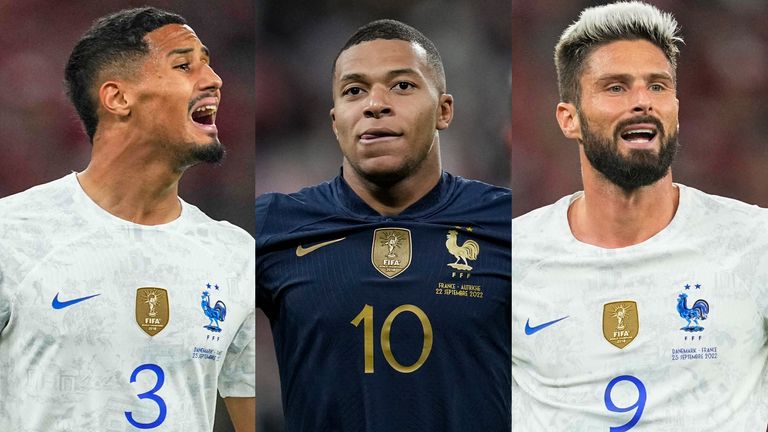 William Saliba, Kylian Mbappe and Olivier Giroud (left to right)