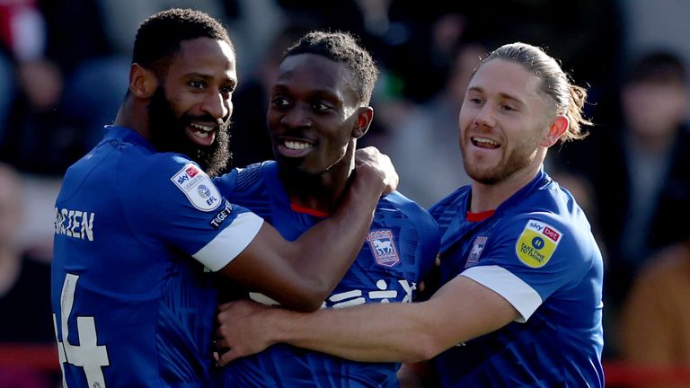Freddie Ladapo celebrates with team-mates after opening the scoring for Ipswich at Exeter CIty