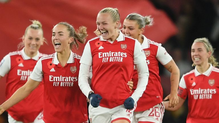 Frida Maanum celebrates after equalising for Arsenal against Manchester United