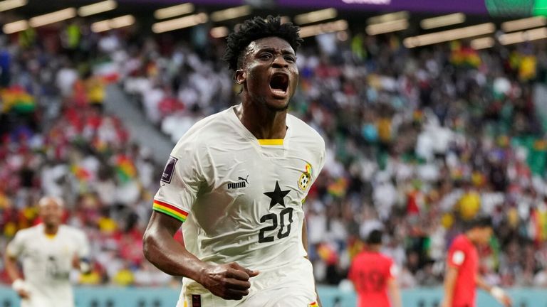 Mohammed Kudus celebrates after heading Ghana 2-0 up against South Korea