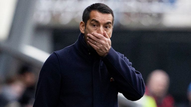 Rangers manager Giovanni van Bronckhorst looks dejected during the match against St Mirren