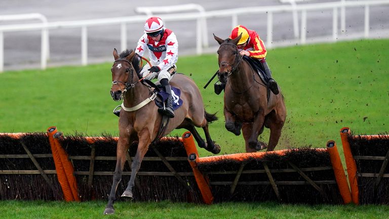 Git Maker clears a hurdle on their way to winning the Play Coral Racing Super Series For Free Maiden Hurdle at Chepstow