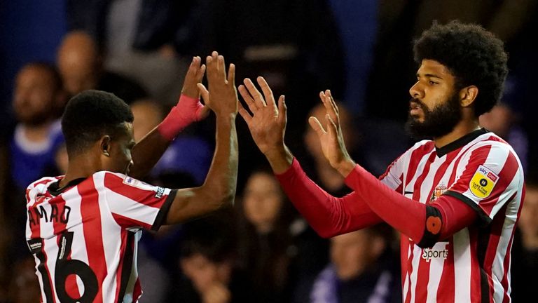 Sunderland's Ellis Simms (right) celebrates with Amad Traore after scoring against Birmingham