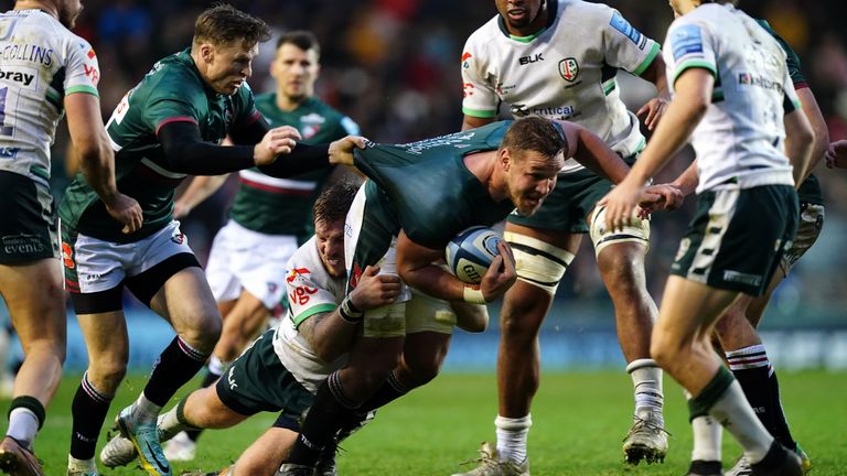 Leicester Tigers' Hanro Liebenberg tackled during the Gallagher Premiership match at Mattioli Woods Welford Road Stadium, Leicester. 