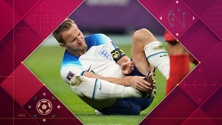 Harry Kane grabs his foot after a collision during England's 6-2 win over Iran on Monday
