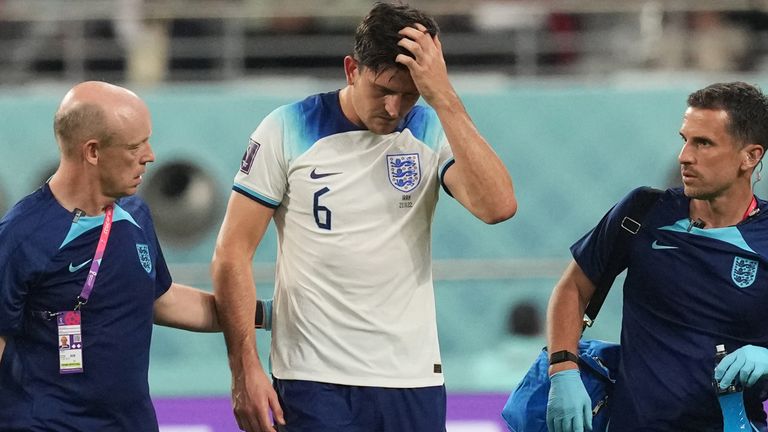 Harry Maguire leaves the game with a head injury