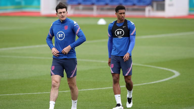 England's Harry Maguire (left) and Jude Bellingham during the training session at St George's Park, Burton upon Trent. Picture date: Thursday June 10, 2021.