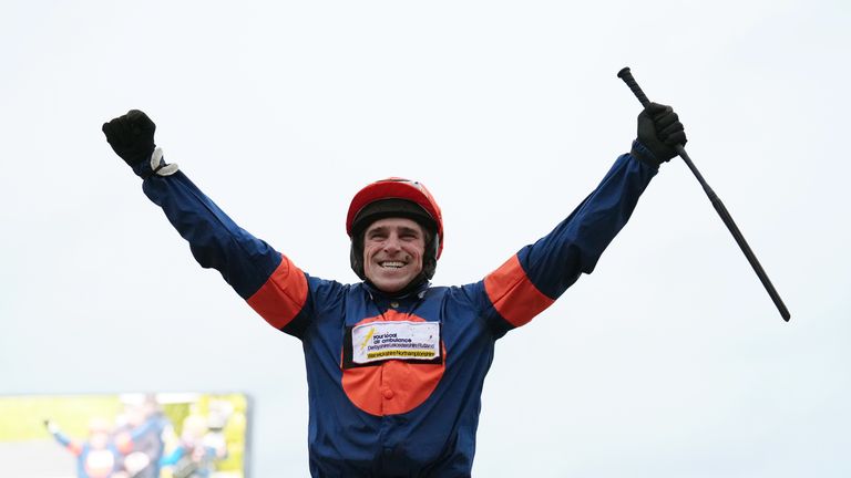 Harry Skelton celebrates victory in the Coral Gold Cup on Le Milos