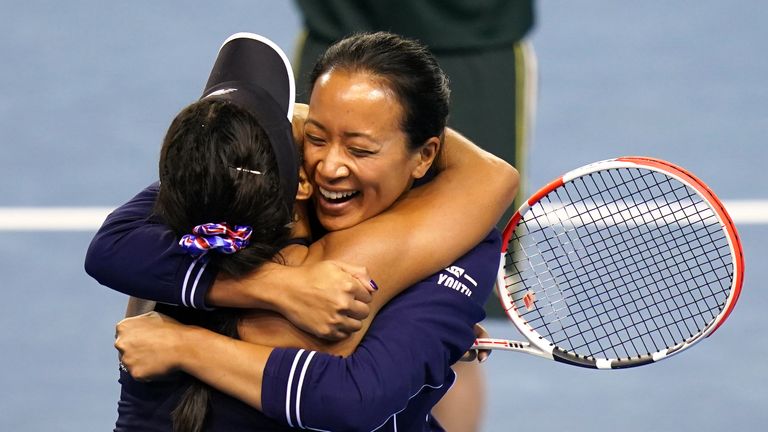 Great Britain's Heather Watson celebrates beating Spain's Nuria Parrizas Diaz with captain Anne Keothavong during day three of the Billie Jean King Cup Group Stage match between Spain and Great Britain at the Emirates Arena, Glasgow. Issue date: Thursday November 10, 2022.

