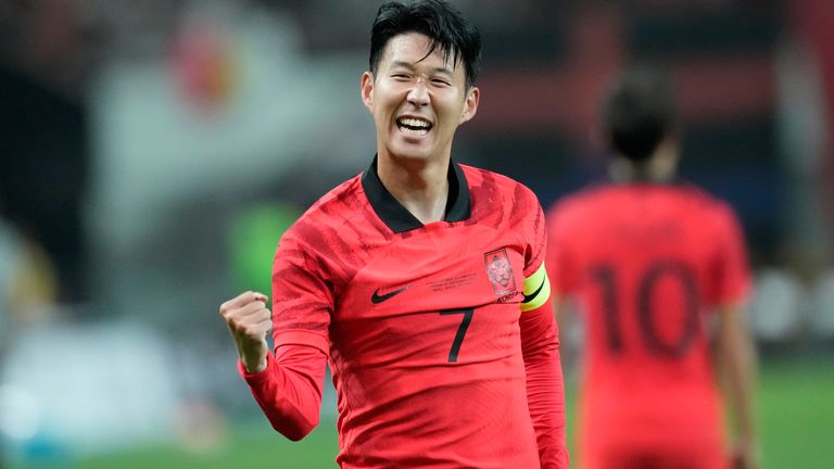 South Korea's Son Heung-min celebrates after scoring his side's opening goal during the friendly soccer match between South Korea and Cameroon at Seoul World Cup Stadium in Seoul, South Korea, Tuesday, Sept. 27, 2022. (AP Photo/Lee Jin-man)