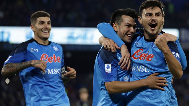 Napoli's Hirving Lozano celebrates with teammates after scoring the first goal of the game during the Italian Serie A soccer match between Napoli and Empoli at the Diego Armando Maradona stadium in Naples, Italy, Tuesday, Nov. 8, 2022. (Alessandro Garofalo/LaPresse via AP)