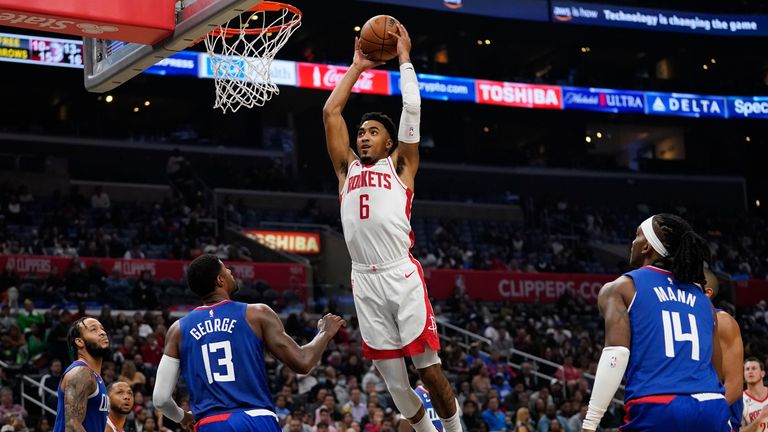 Houston Rockets center Moses Brown dunks during the second half of an NBA basketball against the LA Clippers 