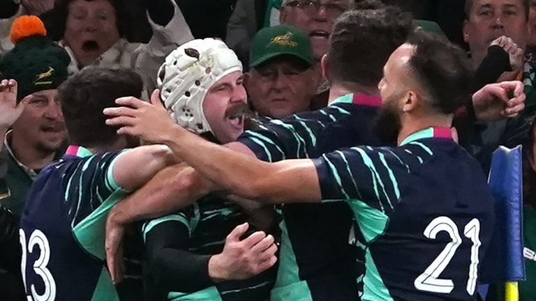 Ireland's Mack Hansen celebrates scoring a try against South Africa