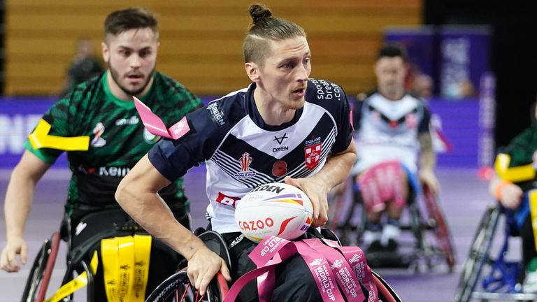England v Ireland - Wheelchair Rugby League World Cup - Group A - Copper Box Arena
England's Jack Brown breaks to score a try during the Wheelchair Rugby League World Cup group A match at the Copper Box Arena, London. Picture date: Wednesday November 9, 2022.
