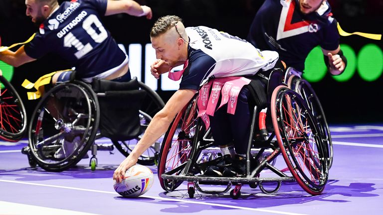 Picture by Will Palmer/SWpix.com - 18/11/2022 - Rugby League - Rugby League World Cup 2021 - Wheelchair Final - France v England - Manchester Central, Manchester, England - Jack Brown of England scores their sides fourth try against France