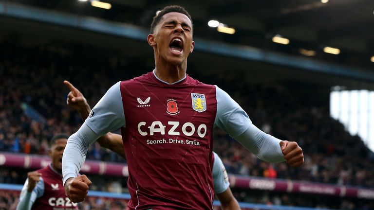 Jacob Ramsey celebrates after scoring Aston Villa's third goal against Manchester United