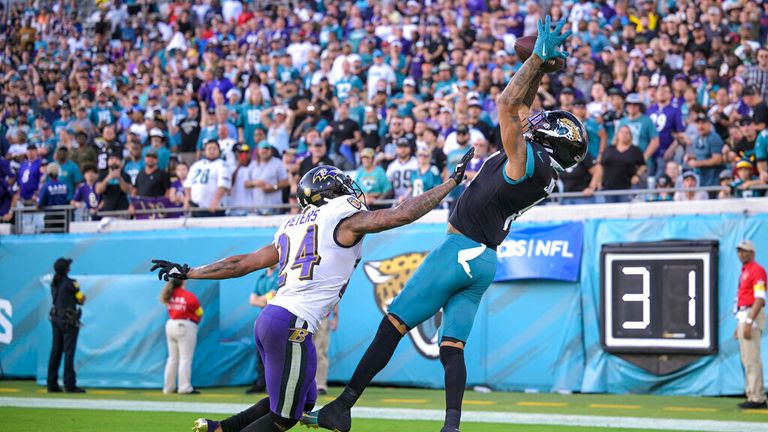 Jacksonville Jaguars wide receiver Marvin Jones Jr. (11) makes a touchdown catch against Baltimore Ravens cornerback Marcus Peters (24) during the second half of an NFL football game, Sunday, Nov. 27, 2022, in Jacksonville, Fla. (AP Photo/Phelan M. Ebenhack)


