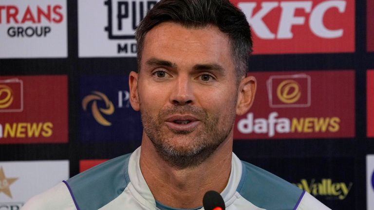 England's James Anderson speaks during a press conference following a training session, in Rawalpindi, Pakistan, Tuesday, Nov. 29, 2022. (AP Photo/Anjum Naveed)