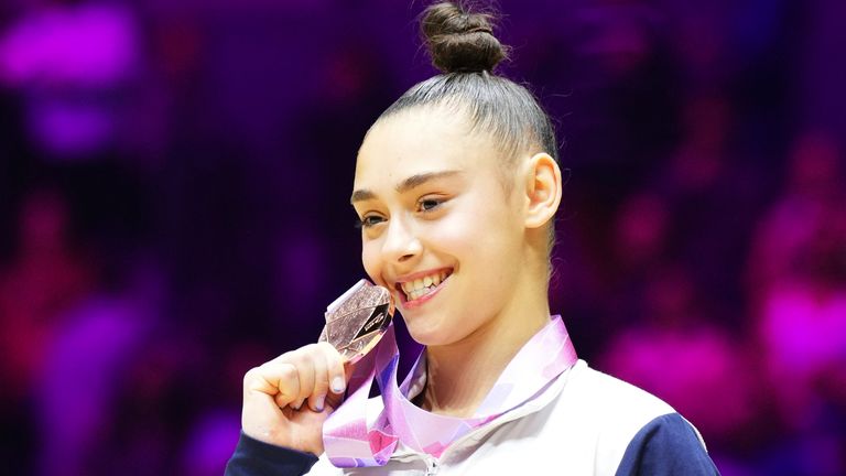 GADIROVA Jessica of Great Britain poses on the podium of the WOMEN'S ALL-AROUND FINAL of 51st FIG Artistic Gymnastics World Championships in Liverpool on Nov. 3, 2022. Gadirova placed 3rd in the event to claim the bronze medal. ( The Yomiuri Shimbun via AP Images )