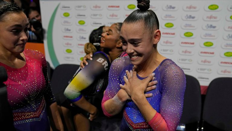 Britain's Jessica Gadirova celebrates after winning gold in the floor exercise finals during the Artistic Gymnastics World Championships at M&S Bank Arena in Liverpool, England, Sunday, Nov. 6, 2022. (AP Photo/Thanassis Stavrakis)