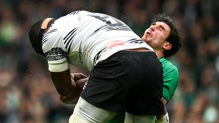 Joey Carbery was hit high by Fiji back-row Albert Tuisue early in the second half 