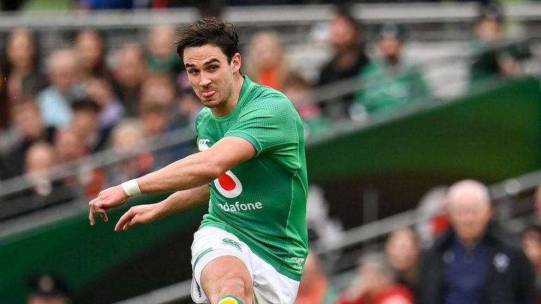 12 November 2022; Joey Carbery of Ireland kicks a conversion during the Bank of Ireland Nations Series match between Ireland and Fiji at the Aviva Stadium in Dublin. Photo by Seb Daly/Sportsfile