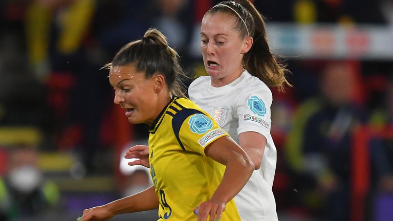 SHEFFIELD, ENGLAND - JULY 26: Johanna Rytting Kaneryd of Sweden battles with Keira Walsh of England during the UEFA Women's Euro England 2022 Semi-Final match between England and Sweden/Belgium at Bramall Lane on July 26, 2022 in Sheffield, UK.  (Photo by Dave Howarth - CameraSport via Getty Images)