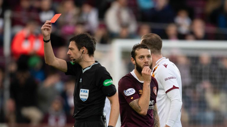 EDINBURGH, SCOTLAND - NOVEMBER 06: Hearts&#39; Jorge Grant is shown a red card during a cinch Premiership match between Hearts and Motherwell at Tynecastle, on November 06, 2022, in Edinburgh, Scotland.  (Photo by Mark Scates / SNS Group)