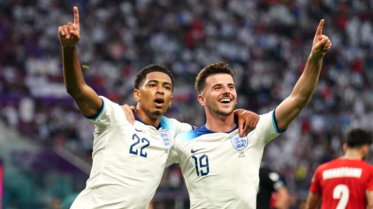 Jude Bellingham celebrates his goal with team-mate Mason Mount