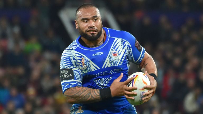 Samoa's Junior Paulo in action during the Rugby League World Cup final match between Australia and Samoa at the Old Trafford Stadium in Manchester, England, Saturday, Nov. 19, 2022. (AP Photo/Rui Vieira)