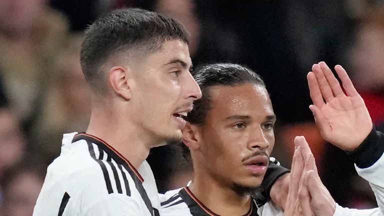 Germany&#39;s Kai Havertz, left, celebrates with his teammate Leroy Sane&#39;, center, and Timo Werner after scoring his side&#39;s second goal during the UEFA Nations League soccer match between England and Germany at Wembley stadium in London, Monday, Sept. 26, 2022. (AP Photo/Kirsty Wigglesworth)