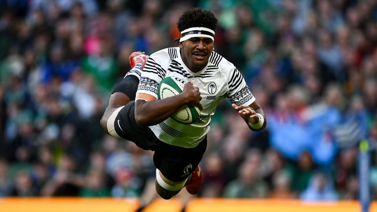 12 November 2022; Kalaveti Ravouvou of Fiji dives over to score his side's first try during the Bank of Ireland Nations Series match between Ireland and Fiji at the Aviva Stadium in Dublin. Photo by Harry Murphy/Sportsfile