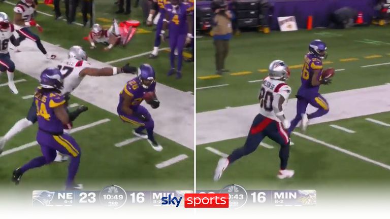 Minnesota Vikings berlari kembali aksi tali tegang Kene Nwangwu di pinggir lapangan untuk pengembalian kick-off 97 yard melawan New England Patriots ditangkap dengan sempurna oleh 'Skycam' NFL