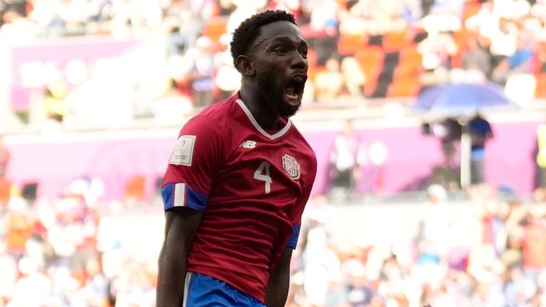 Costa Rica's Keysher Fuller celebrates after scoring his side's opening goal during the World Cup, group E soccer match between Japan and Costa Rica, at the Ahmad Bin Ali Stadium in Al Rayyan , Qatar, Sunday, Nov. 27, 2022. (AP Photo/Francisco Seco)