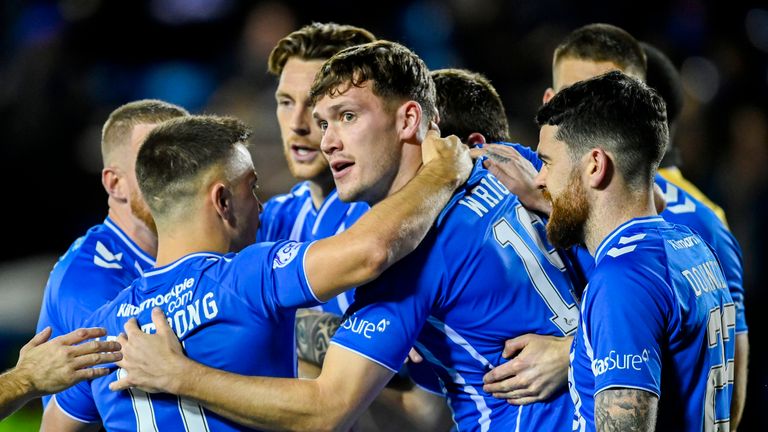Joe Wright (C) of Kilmarnock celebrates his goal and makes it 1-0 with his team-mates during a snap Premiership match between Kilmarnock and Livingston at Rugby Park