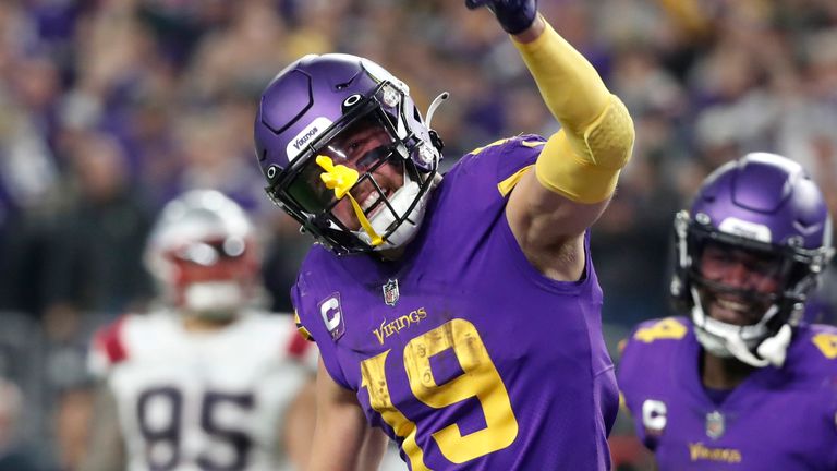 Minnesota Vikings wide receiver Adam Thielen celebrates his go-ahead touchdown in the fourth quarter of their Thanksgiving win over the New England Patriots