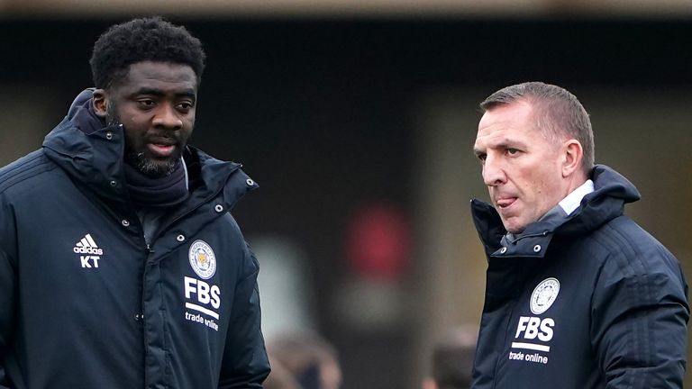 Leicester City manager Brendan Rodgers (left) and first team coach Kolo Toure during a training session at the Seagrave Training Complex, Leicester.  Drawing date: Wednesday November 24, 2021.